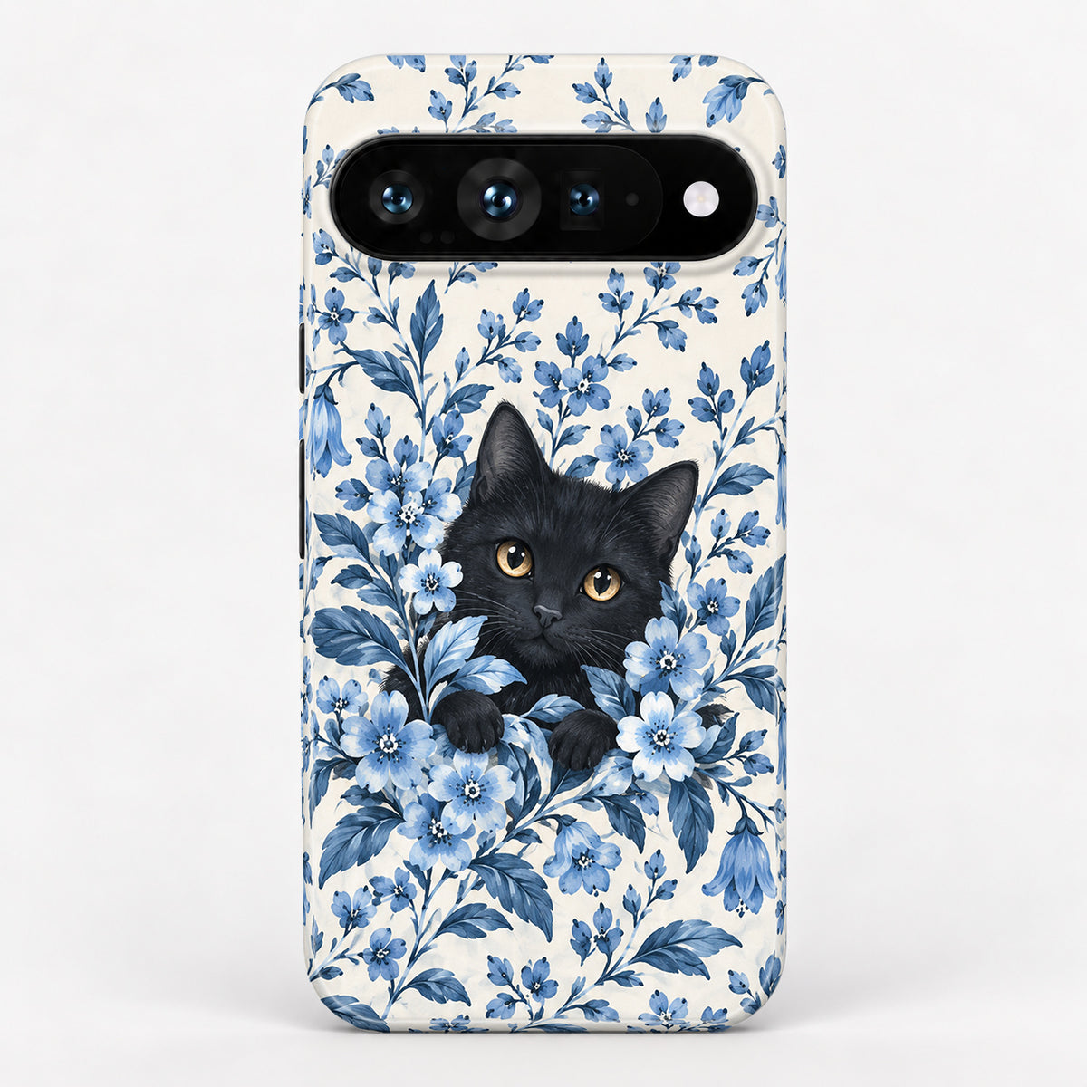 Black Cat in Blue Botanical Flowers Google Pixel Case - centered back view