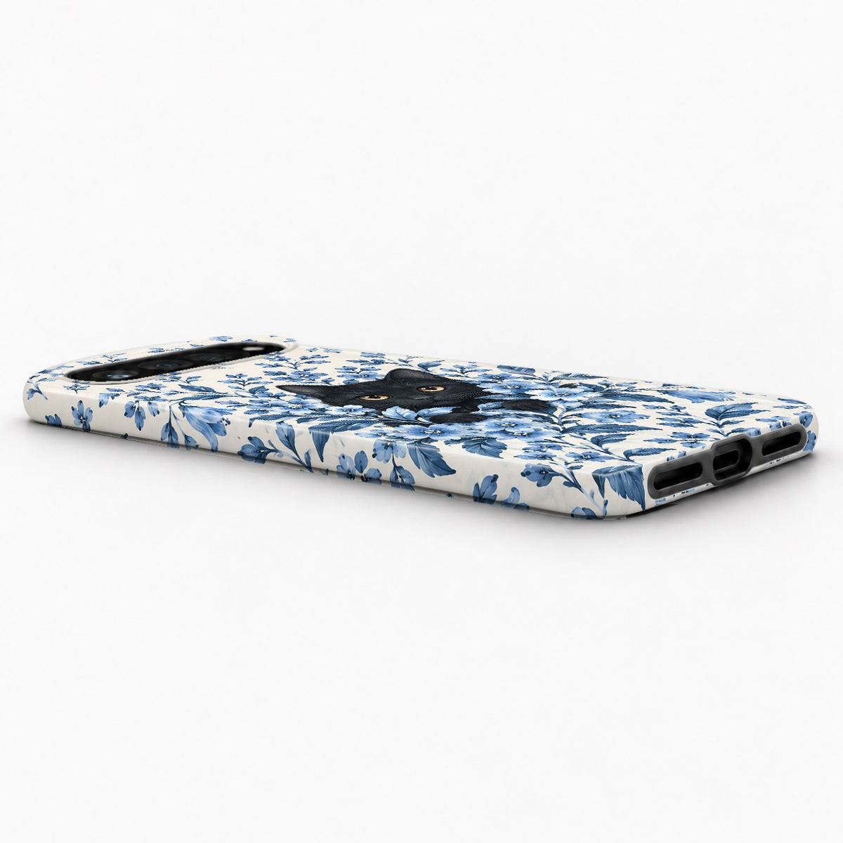 Black Cat in Blue Botanical Flowers Google Pixel Case - low side view