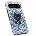 Black Cat in Blue Botanical Flowers Google Pixel Case - standing angled view