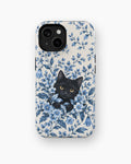 Black Cat in Blue Botanical Flowers MagSafe iPhone Tough Case, rear view, iPhone11-15 model image group