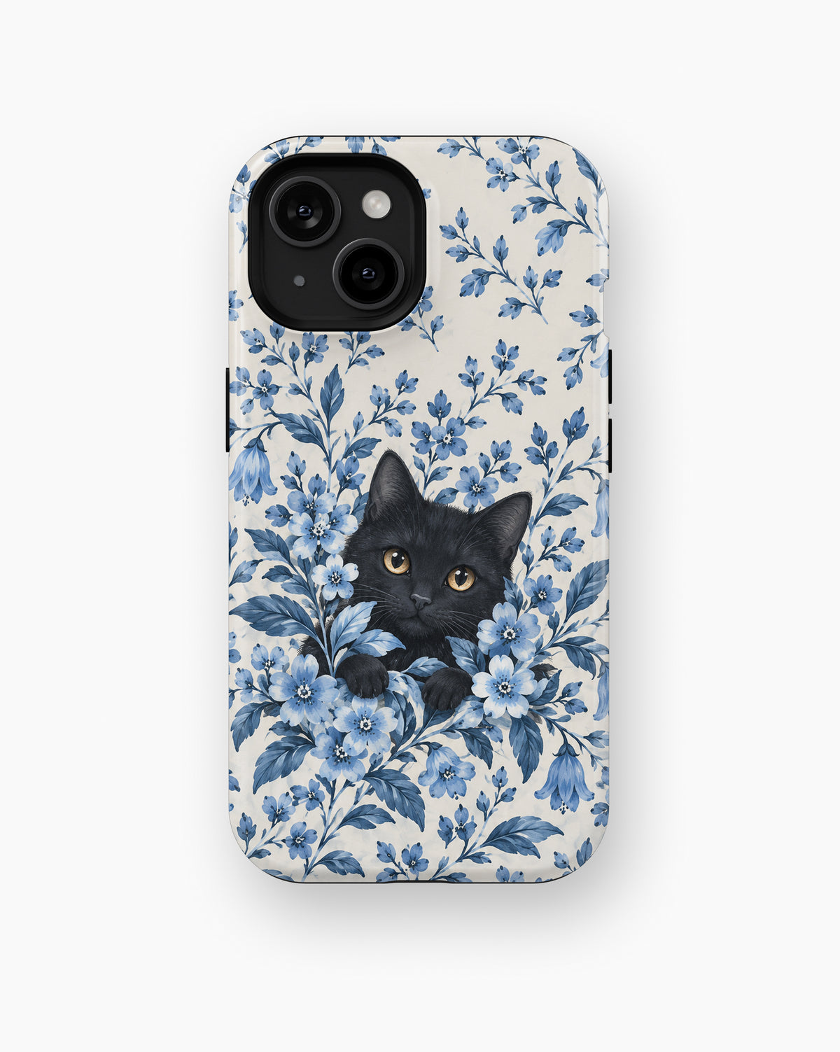 Black Cat in Blue Botanical Flowers MagSafe iPhone Tough Case, rear view, iPhone11-15 model image group