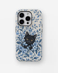 Black Cat in Blue Botanical Flowers MagSafe iPhone Tough Case, rear view, iPhone11-16Pro model image group