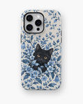 Black Cat in Blue Botanical Flowers MagSafe iPhone Tough Case, rear view, iPhone11-16ProMax model image group