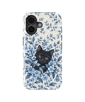 Black Cat in Blue Botanical Flowers MagSafe iPhone Tough Case, rear view, iPhone16+16Plus+17 model image group