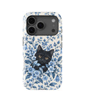 Black Cat in Blue Botanical Flowers MagSafe iPhone Tough Case, rear view, iPhone17-18Pro model image group