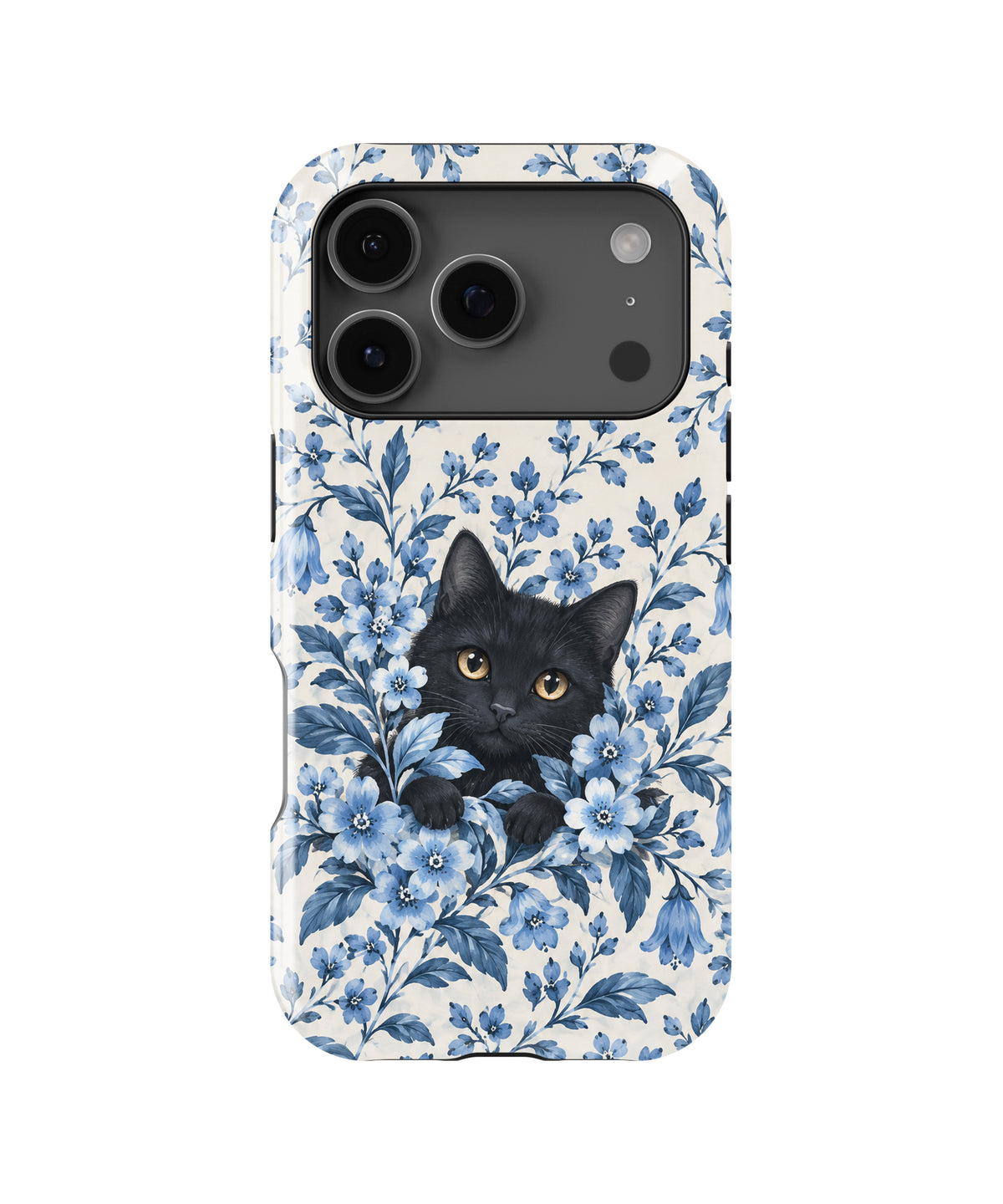Black Cat in Blue Botanical Flowers MagSafe iPhone Tough Case, rear view, iPhone17-18Pro model image group