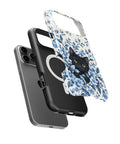 Black Cat in Blue Botanical Flowers MagSafe iPhone Tough Case, exploded view showing outer shell, inner layer and magnetic ring