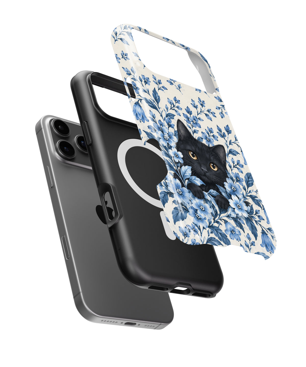 Black Cat in Blue Botanical Flowers MagSafe iPhone Tough Case, exploded view showing outer shell, inner layer and magnetic ring