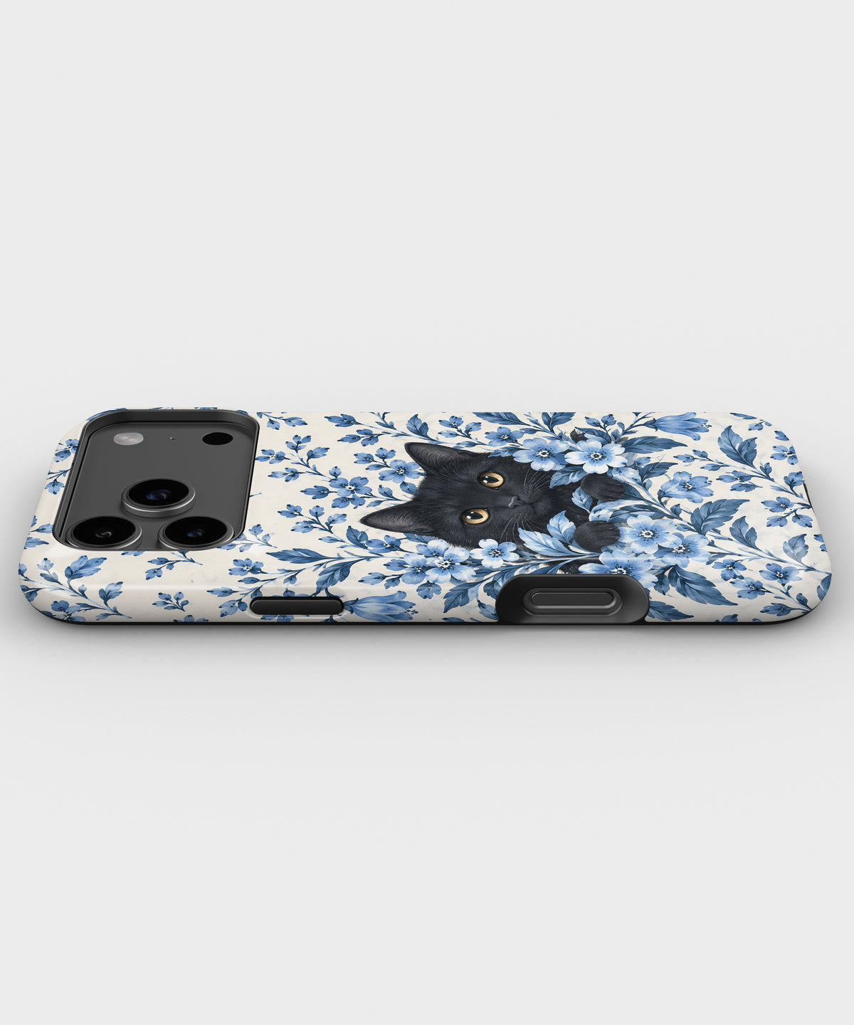 Black Cat in Blue Botanical Flowers MagSafe iPhone Tough Case, side view showing case edges