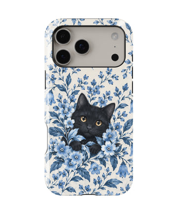 Black Cat in Blue Botanical Flowers MagSafe iPhone Tough Case, rear view, iPhone17-18ProMax model image group