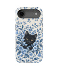 Black Cat in Blue Botanical Flowers MagSafe iPhone Tough Case, rear view, iPhone17Air model image group