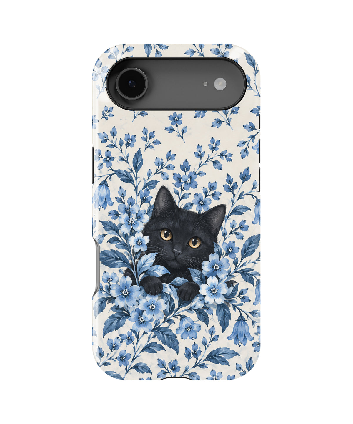 Black Cat in Blue Botanical Flowers MagSafe iPhone Tough Case, rear view, iPhone17Air model image group
