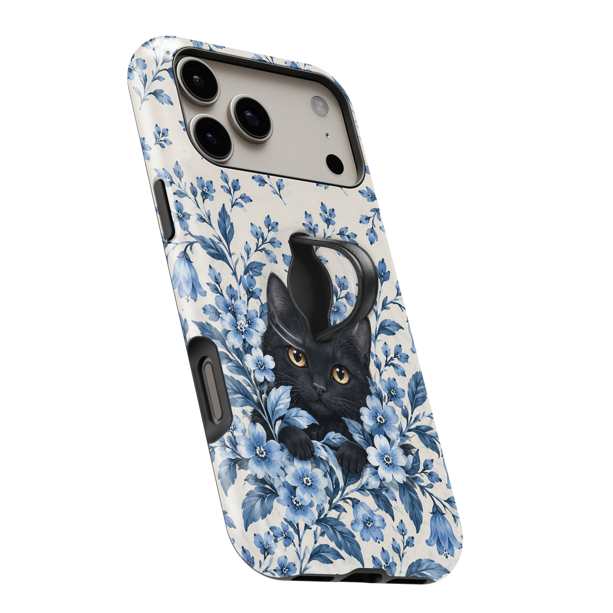Black Cat in Blue Botanical Flowers MagSafe Loop Case, angled view with finger loop extended