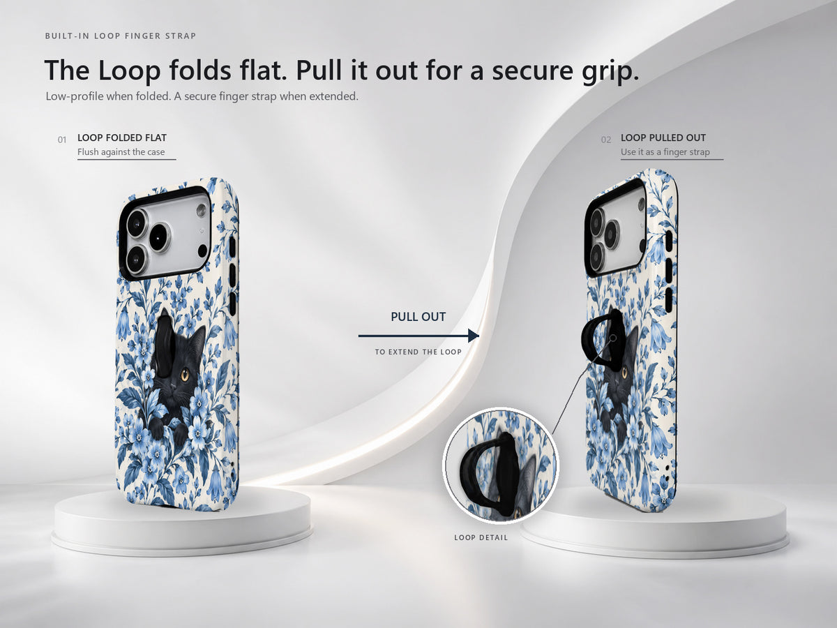 Black Cat in Blue Botanical Flowers MagSafe Loop Case, finger loop folded and extended positions