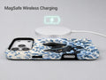Black Cat in Blue Botanical Flowers MagSafe Loop Case, shown with a MagSafe wireless charger