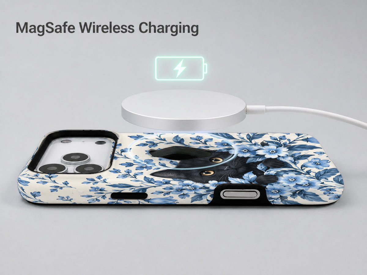 Black Cat in Blue Botanical Flowers MagSafe Loop Case, shown with a MagSafe wireless charger