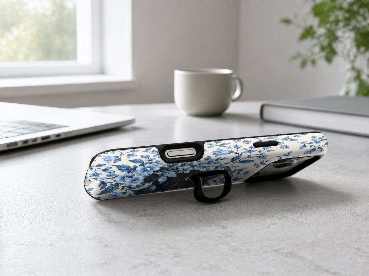 Black Cat in Blue Botanical Flowers MagSafe Loop Case, shown as a hands-free kickstand