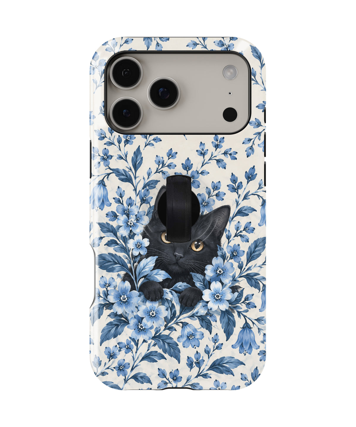 Black Cat in Blue Botanical Flowers MagSafe Loop Case, rear view with finger loop folded flat