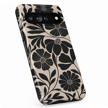 Black Cream Bold Floral Google Pixel case with botanical flowers and leaves
