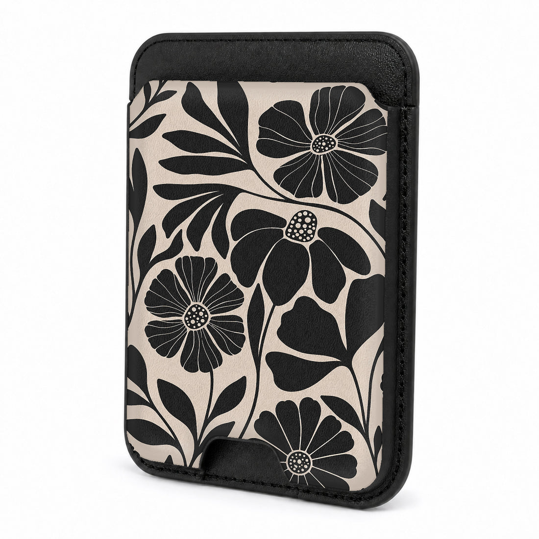 Front view of the Black Cream Bold Floral MagSafe card holder on a white background