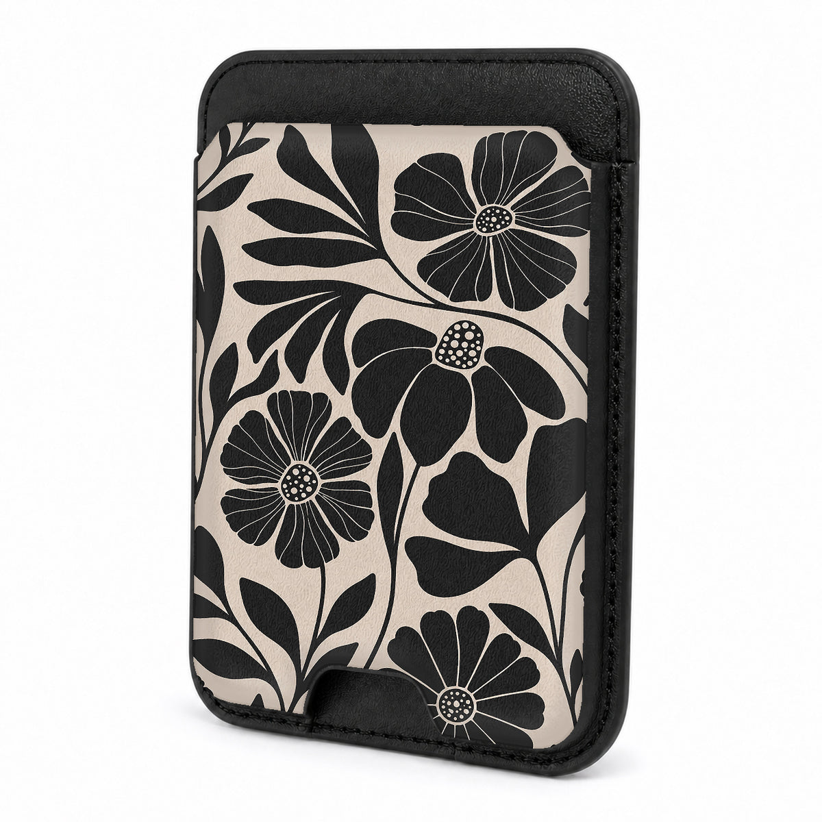 Front view of the Black Cream Bold Floral MagSafe card holder on a white background