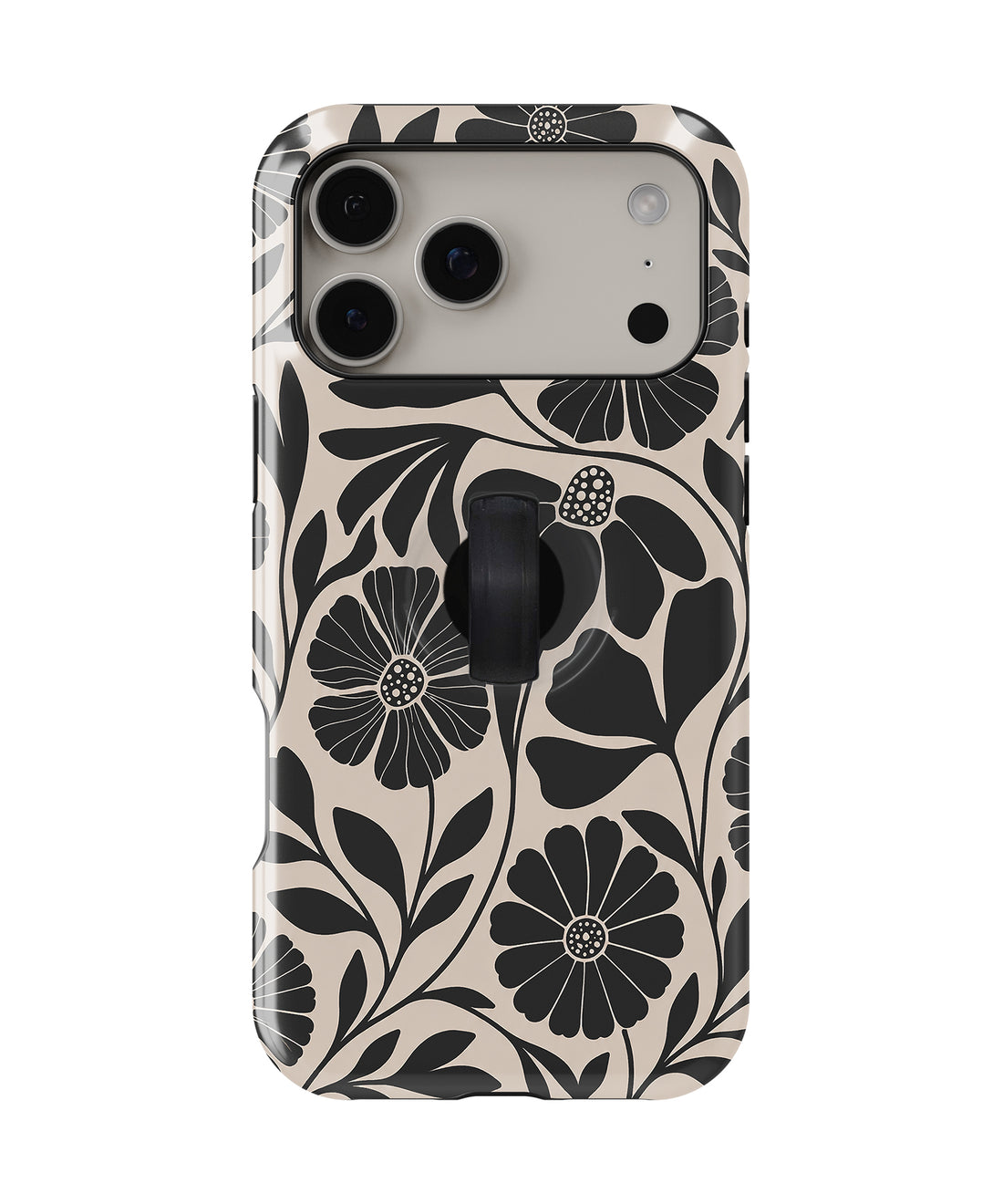 Black Cream Bold Floral MagSafe Loop iPhone Case with built-in finger loop closed