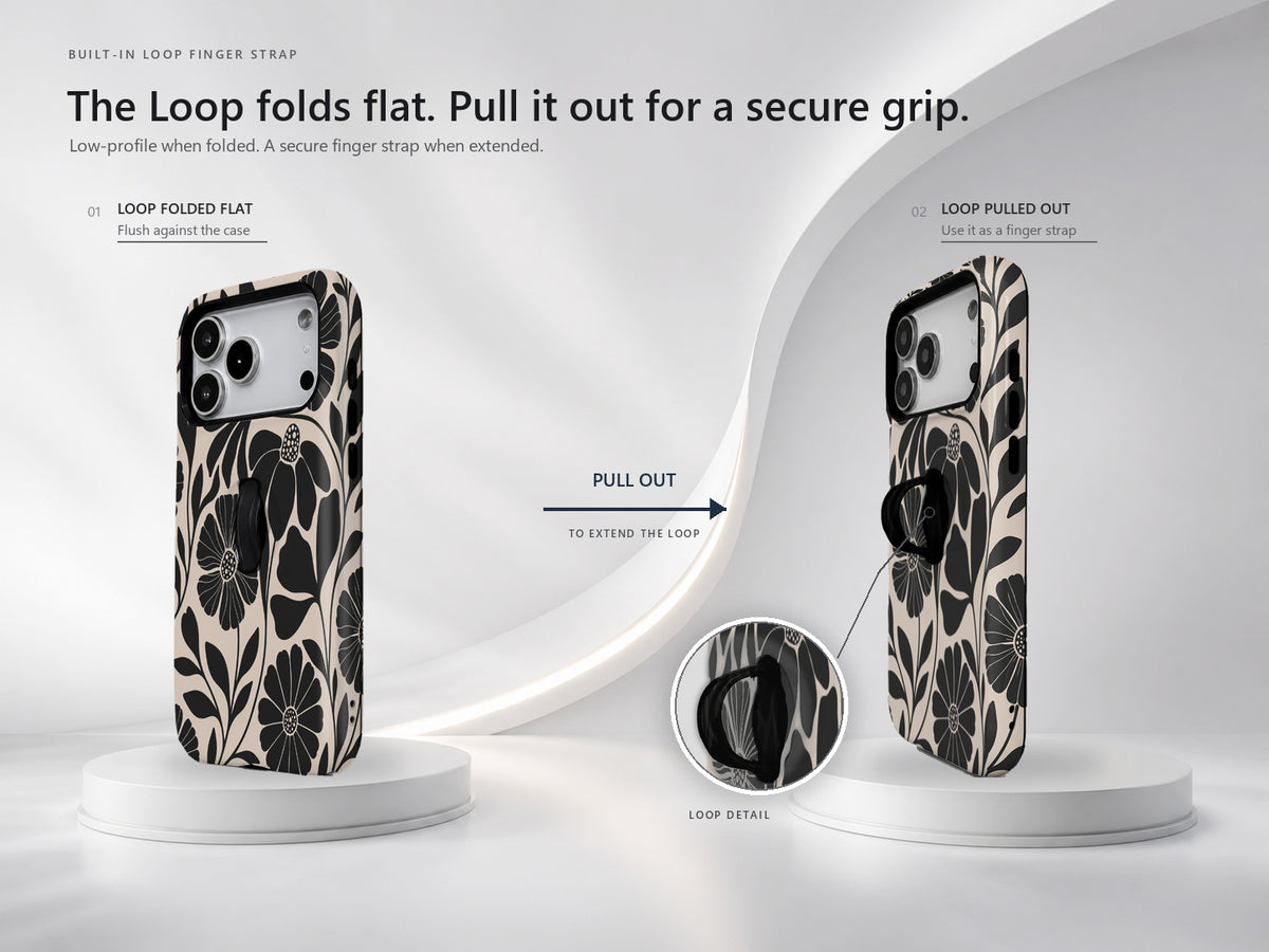 Black Cream Bold Floral MagSafe Loop iPhone Case side view showing the built-in finger loop