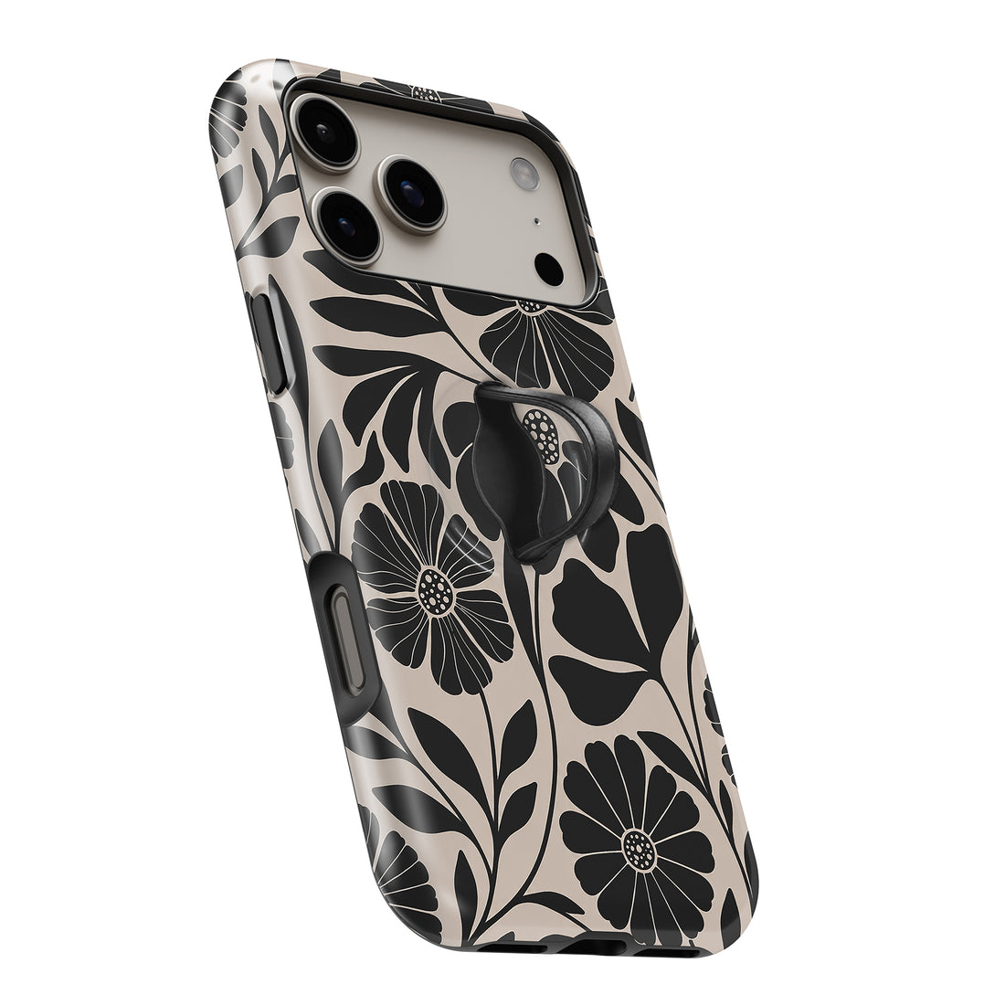 Black Cream Bold Floral MagSafe Loop iPhone case with built-in finger loop open