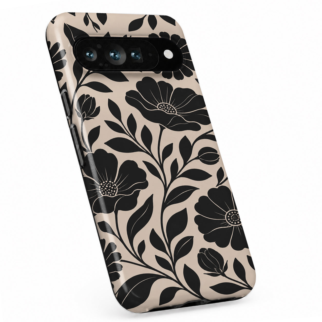 Black Cream Oversized Floral Google Pixel case with botanical flowers and leaves
