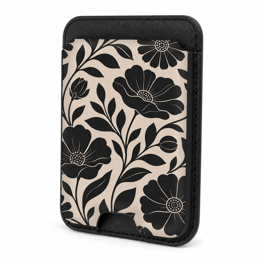 Front view of the Black Cream Oversized Floral MagSafe card holder on a white background