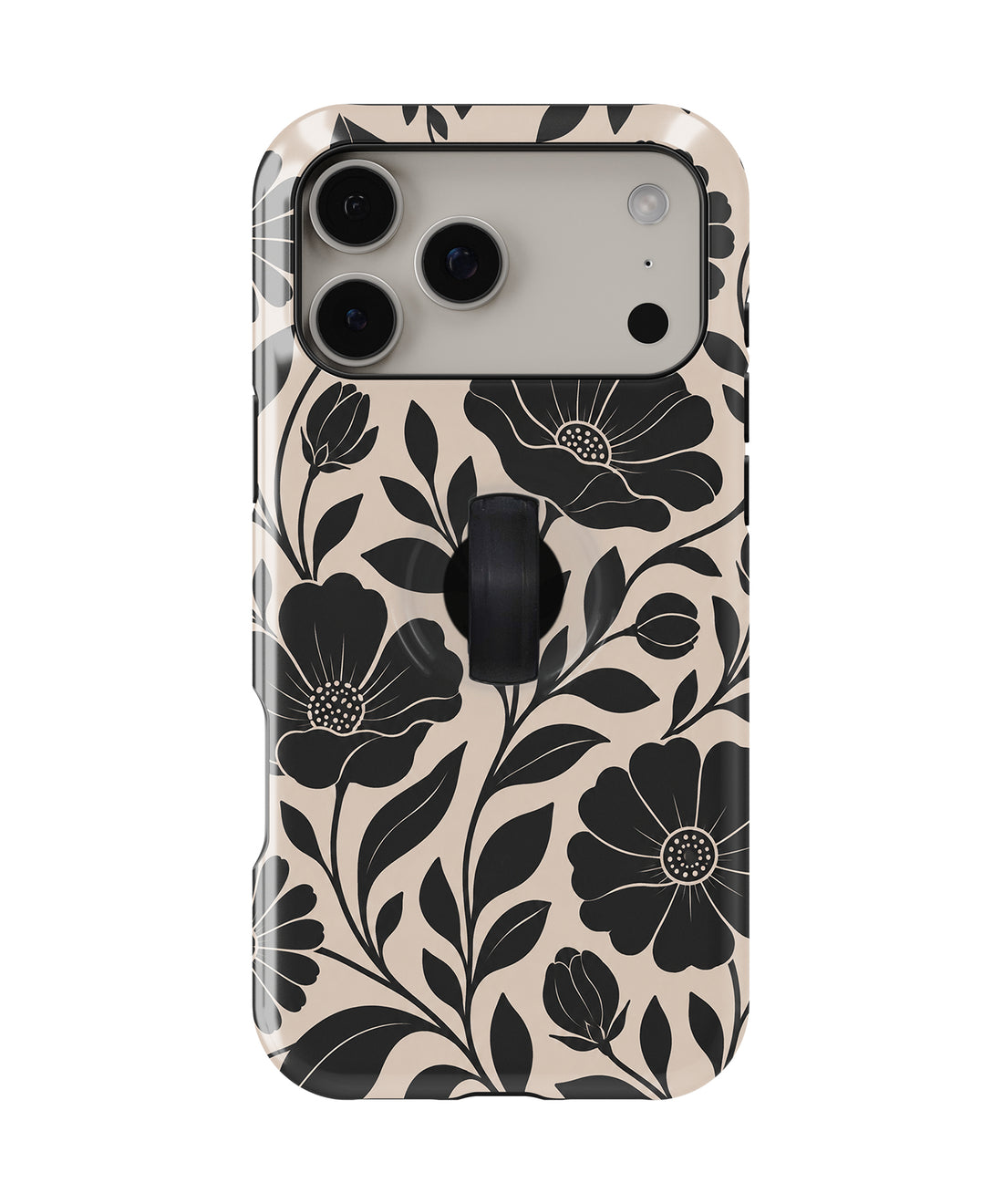 Black Cream Oversized Floral MagSafe Loop iPhone Case with built-in finger loop closed