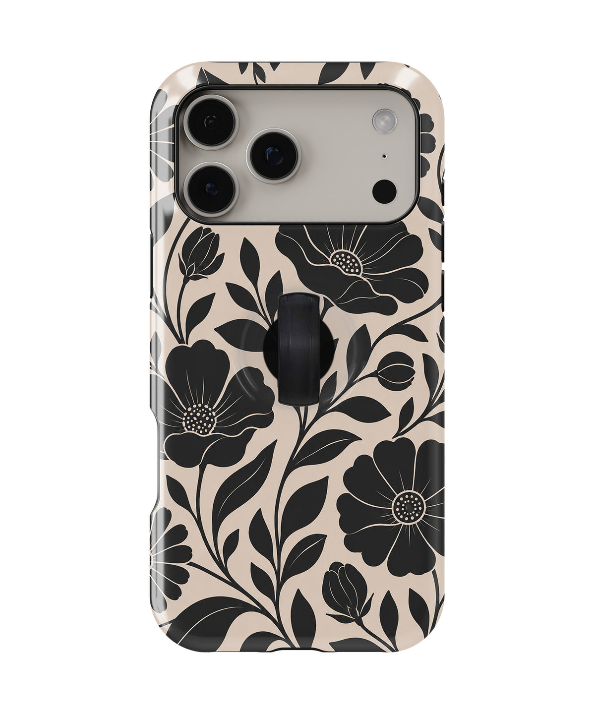Black Cream Oversized Floral MagSafe Loop iPhone Case with built-in finger loop closed