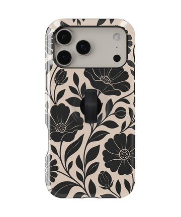 Black Cream Oversized Floral MagSafe Loop iPhone Case with built-in finger loop closed