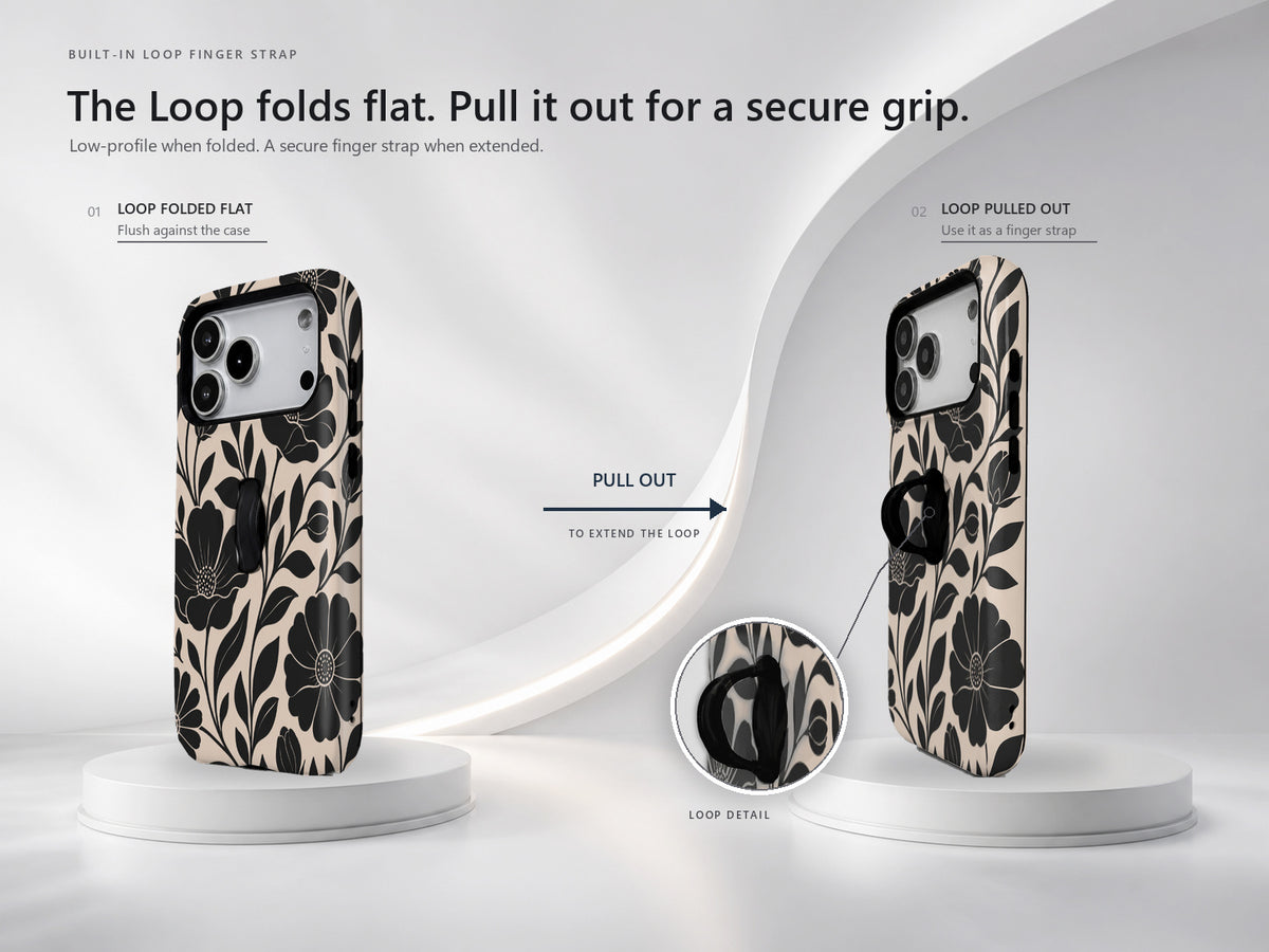 Black Cream Oversized Floral MagSafe Loop iPhone Case side view showing the built-in finger loop
