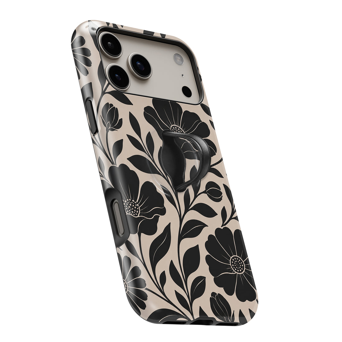 Black Cream Oversized Floral MagSafe Loop iPhone case with built-in finger loop open