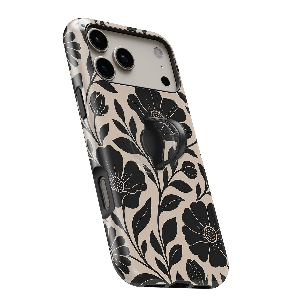 Black Cream Oversized Floral MagSafe Loop iPhone case with built-in finger loop open