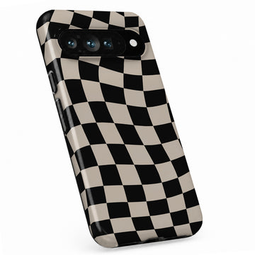 Black Cream Wavy Checkerboard Google Pixel case with repeating checkerboard blocks