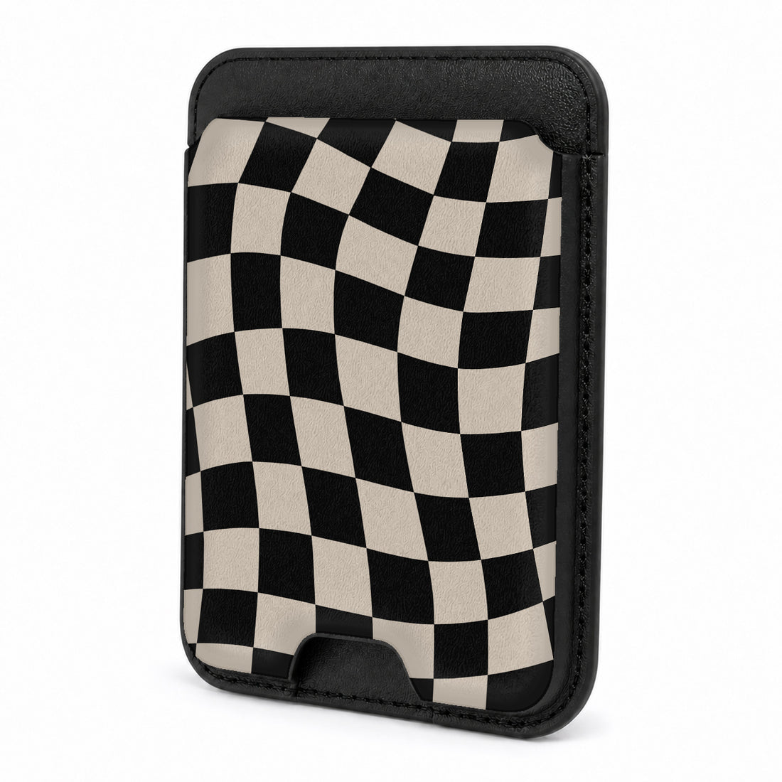 Front view of the Black Cream Wavy Checkerboard MagSafe card holder on a white background