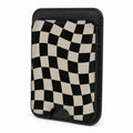Front view of the Black Cream Wavy Checkerboard MagSafe card holder on a white background