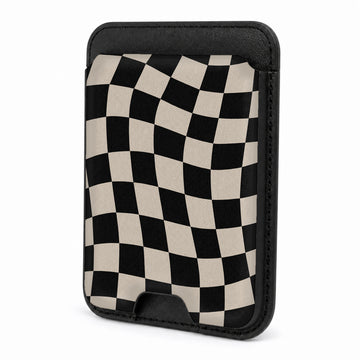 Front view of the Black Cream Wavy Checkerboard MagSafe card holder on a white background