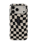 Black Cream Wavy Checkerboard MagSafe Loop iPhone Case with built-in finger loop closed