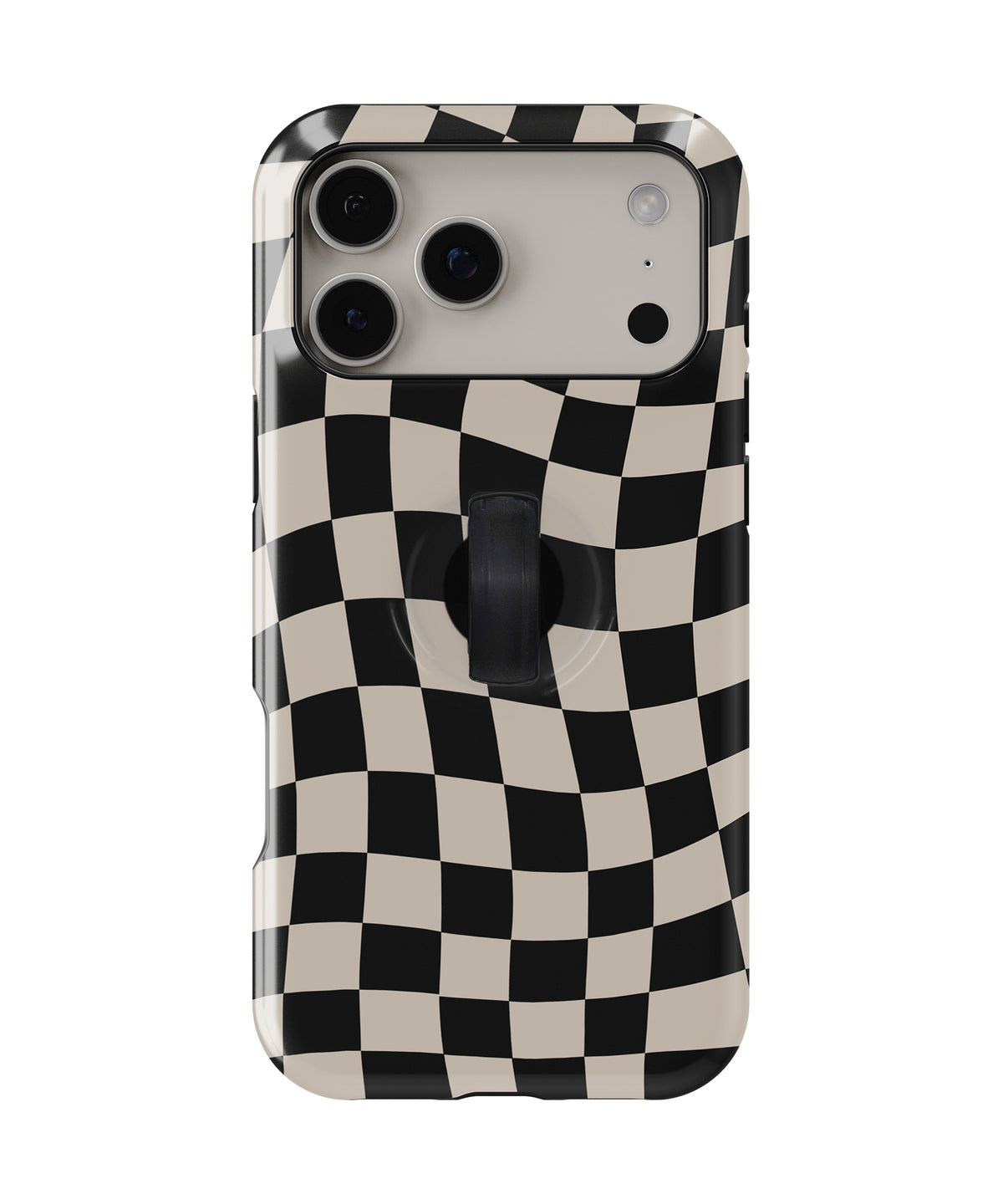 Black Cream Wavy Checkerboard MagSafe Loop iPhone Case with built-in finger loop closed