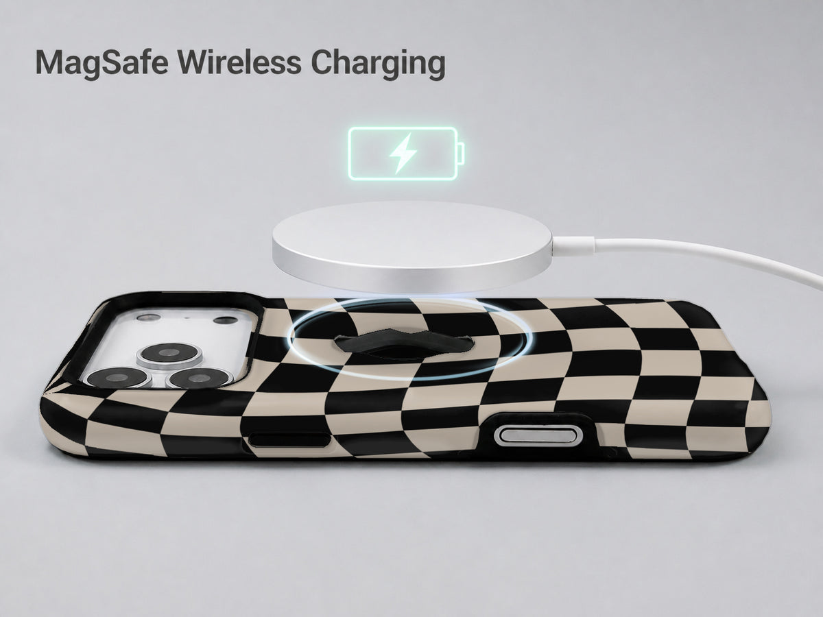 Black Cream Wavy Checkerboard MagSafe Loop iPhone Case shown with a MagSafe-compatible wireless charger attached