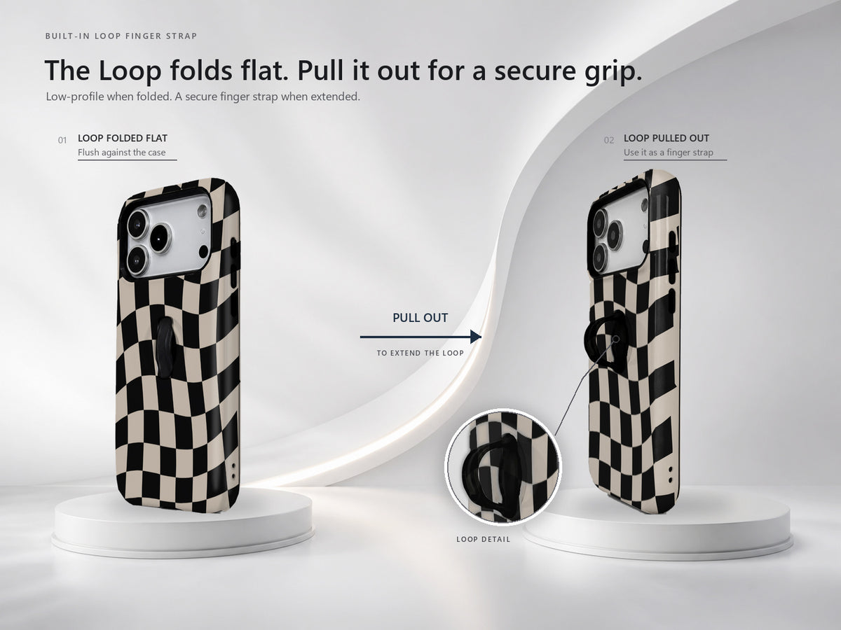 Black Cream Wavy Checkerboard MagSafe Loop iPhone Case side view showing the built-in finger loop