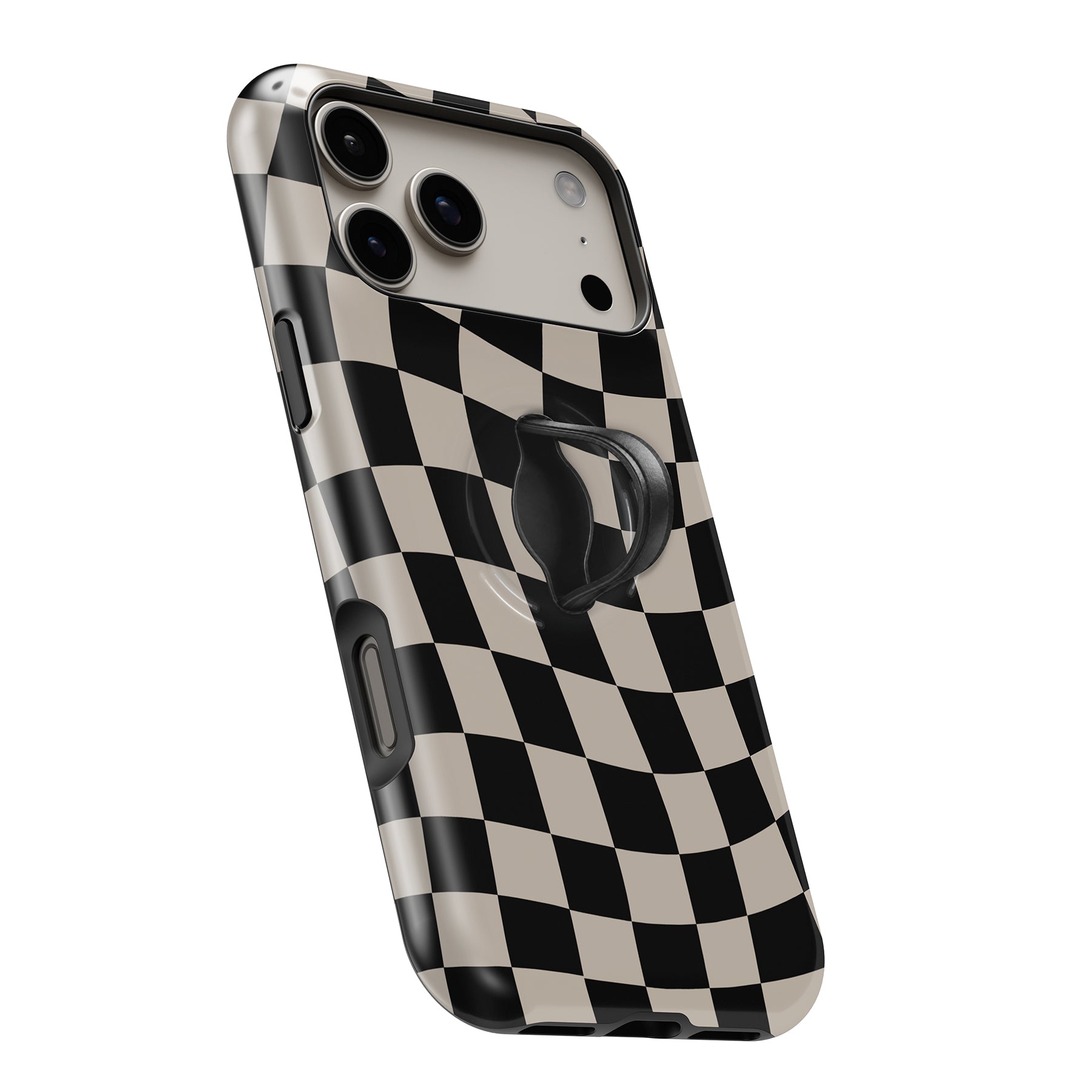 Black Cream Wavy Checkerboard MagSafe Loop iPhone case with built-in finger loop open