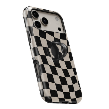 Black Cream Wavy Checkerboard MagSafe Loop iPhone case with built-in finger loop open