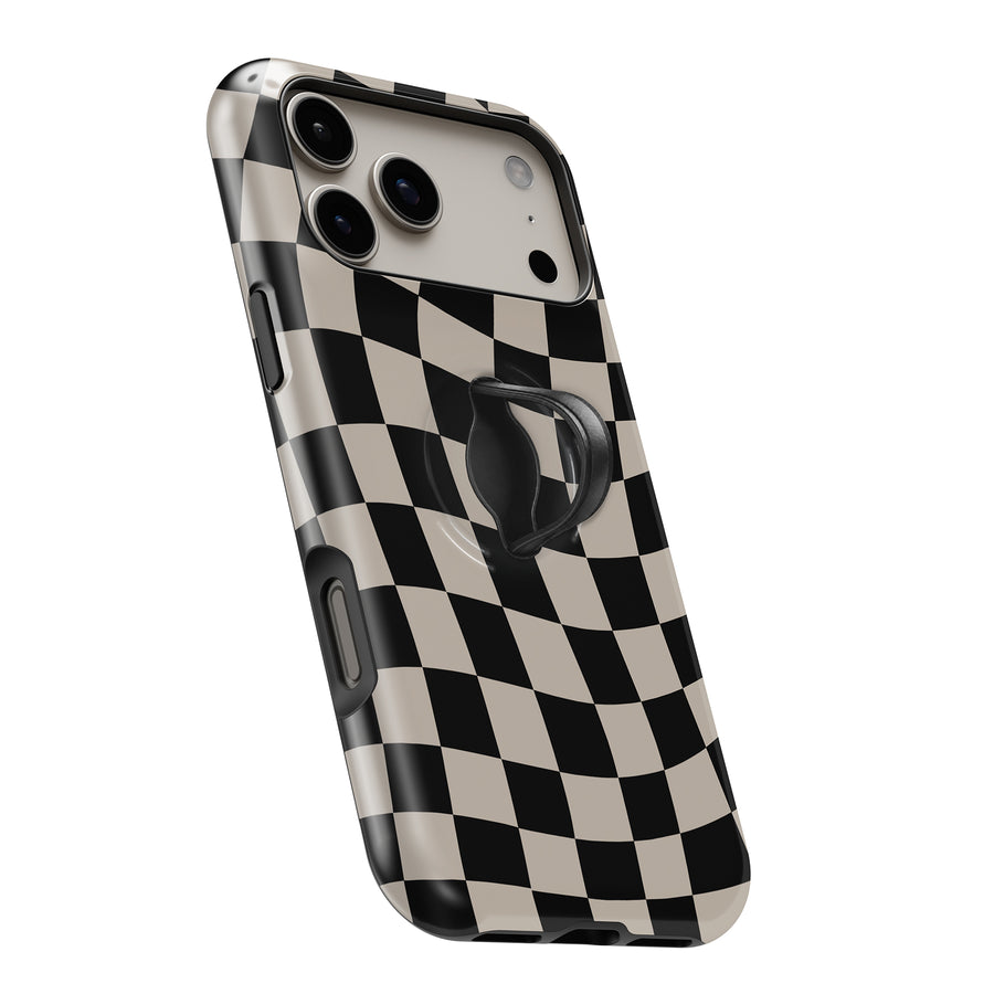 Black Cream Wavy Checkerboard MagSafe Loop iPhone case with built-in finger loop open