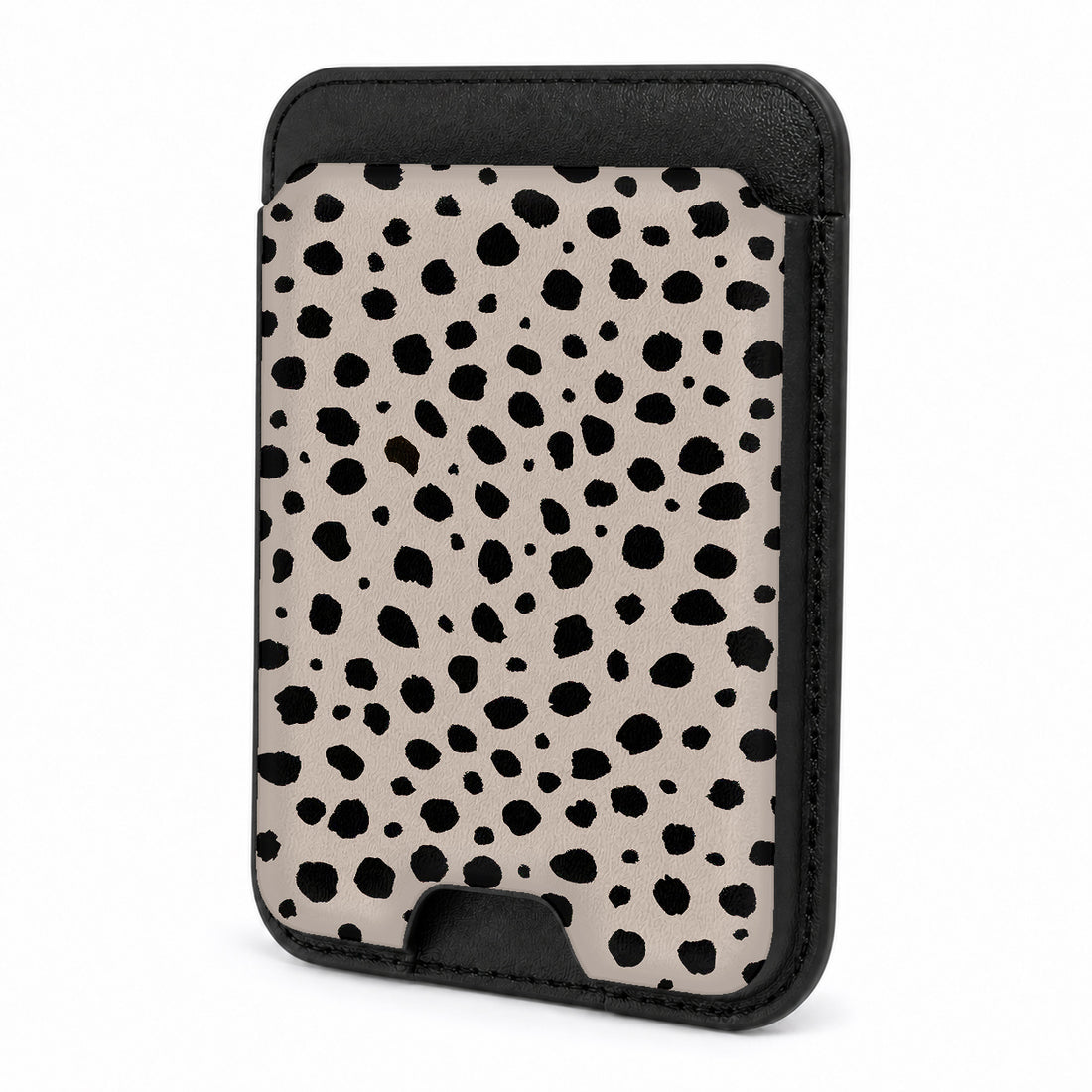 Front view of the Black Dalmatian Spot MagSafe card holder on a white background