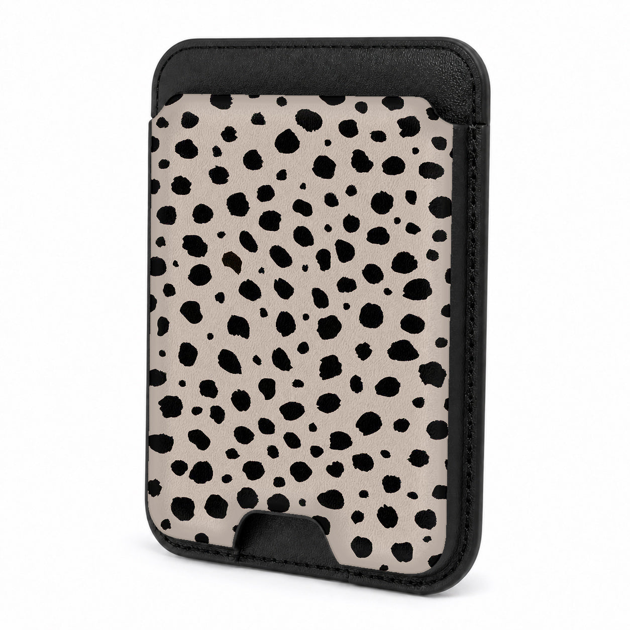 Front view of the Black Dalmatian Spot MagSafe card holder on a white background