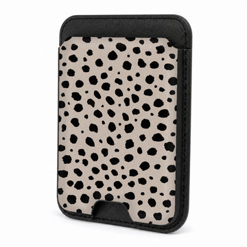 Front view of the Black Dalmatian Spot MagSafe card holder on a white background